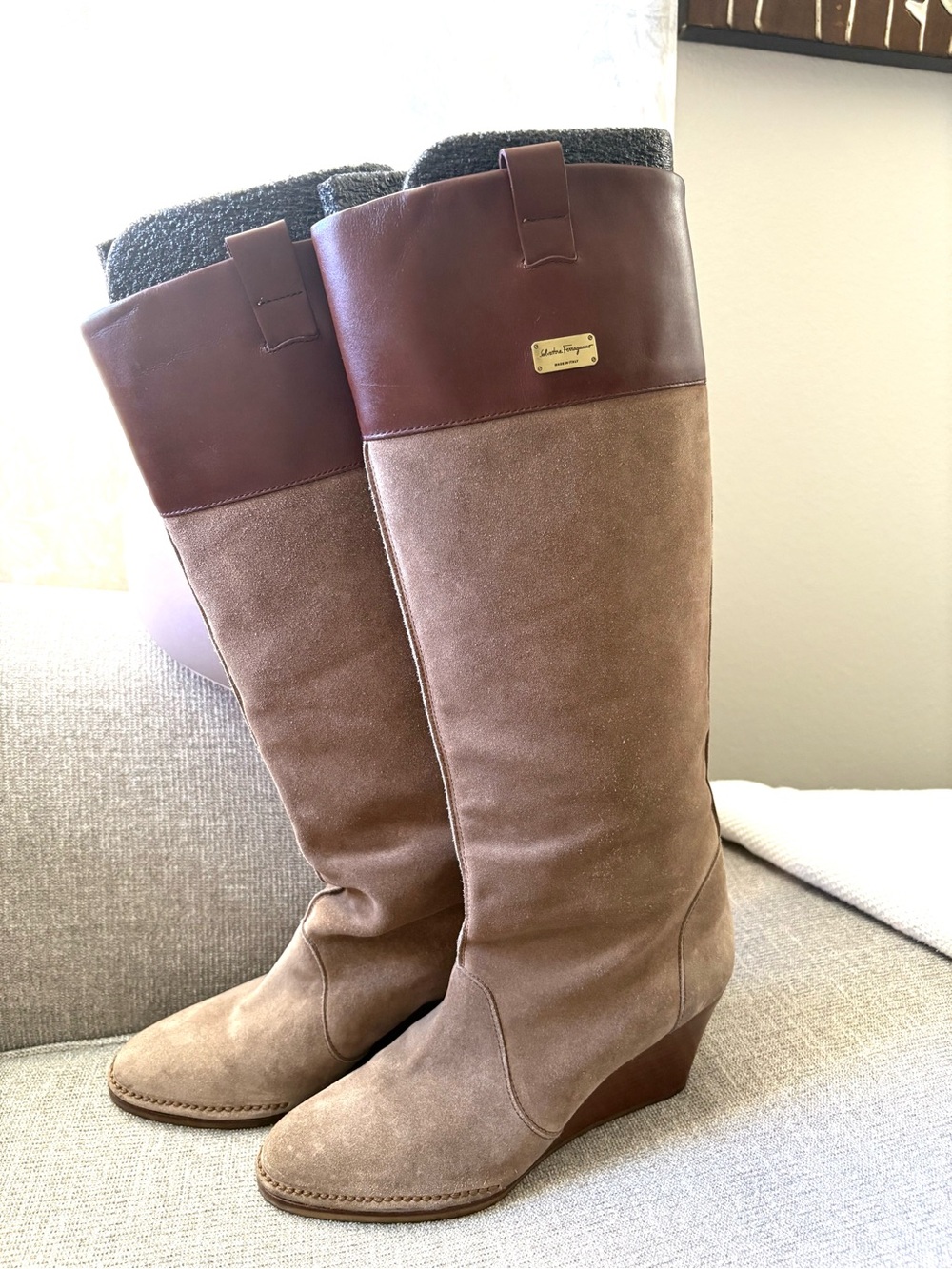 Salvatore Ferragamo Two-Tone Brown Suede Knee Boots
